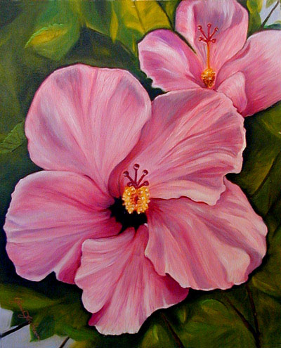 Double Pink Hibiscus Oil Painting
