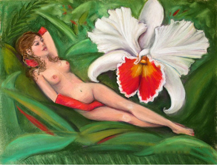 Nude with White Orchid Painting