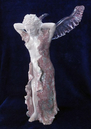Angel with Glass Wings Ceramic Sculpture